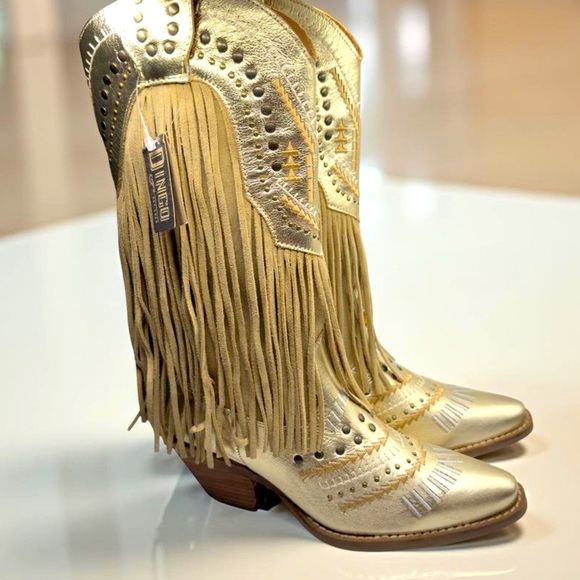 Dingo Gypsy Studded Fringe Metallic Western Boots Size 7 - Picture 3 of 10